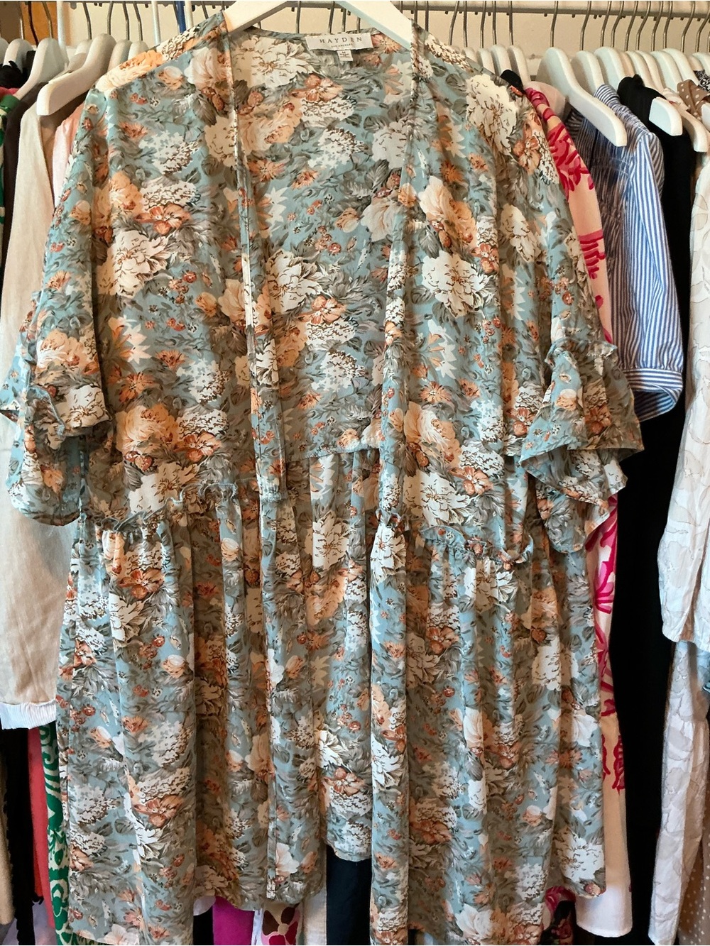 Hayden Floral Blue-Green Kimono Wrap one size ruffle detail